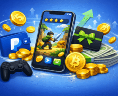 Get paid to play games illustration showing a smartphone with gaming icons and reward symbols representing legitimate earning apps