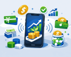 Passive income apps comparison showing smartphone with earnings dashboard and reward icons