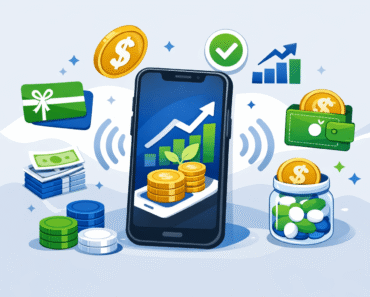 Passive income apps comparison showing smartphone with earnings dashboard and reward icons